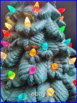 Vtg MCM 13 Green Ceramic Christmas Tree with Base Multi Color Holiday Lights