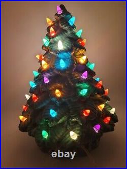 Vtg MCM 13 Green Ceramic Christmas Tree with Base Multi Color Holiday Lights