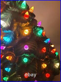 Vtg MCM 13 Green Ceramic Christmas Tree with Base Multi Color Holiday Lights