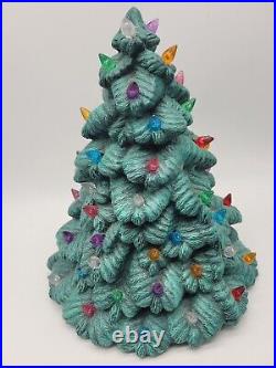 Vtg MCM 13 Green Ceramic Christmas Tree with Base Multi Color Holiday Lights