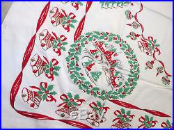 Vtg. MID CENTURY RED GOLD GREEN CHRISTMAS TREE ORNAMENTS TABLECLOTH 91 X 60