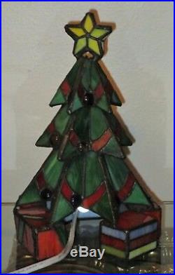 Vtg Meyda Tiffany Christmas Tree Leaded Stained Glass Accent Lamp Lite New Iob