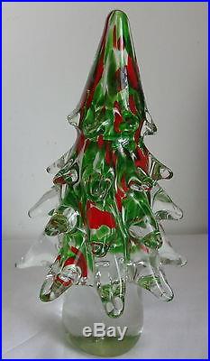 Vtg Murano Large Clear Green Red Crystal Art Glass 8'' Figurine Christmas Tree