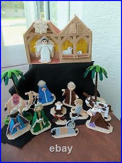 Vtg Nativity Cross Stitch Completed Set! 18 PIECES! MANGER! FIGURES! TREES