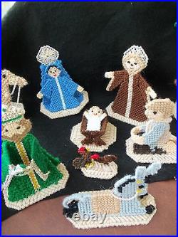 Vtg Nativity Cross Stitch Completed Set! 18 PIECES! MANGER! FIGURES! TREES
