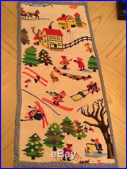 Vtg Needlepoint Folk Art Christmas Trees Skiing House Finished Wall Art Adorable