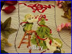 Vtg PREWORKED Needlepoint Canvas Christmas Stocking -Elves Trim Xmas Tree Ribbon