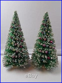 Vtg Pair 13 Christmas Bottle Brush Tree Table Displays Miniature Glass Bulbs