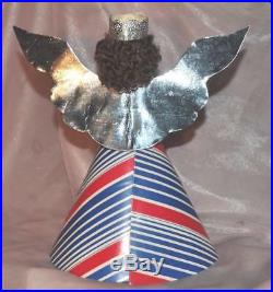 Vtg Patriotic Xmas Tree Topper, Folk Art Spun Cotton, Paper, Chenille 9 Angel