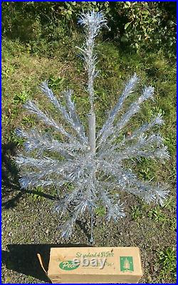 Vtg Peco 4ft Standard Silver CHRISTMAS TREE Pom with Box & Stand MCM Aluminum