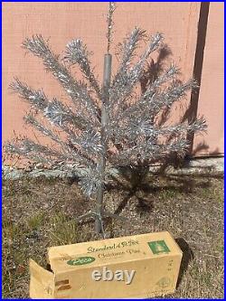 Vtg Peco 4ft Standard Silver CHRISTMAS TREE Pom with Box & Stand MCM Aluminum