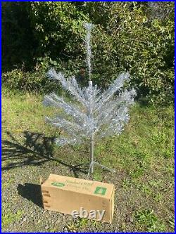 Vtg Peco 4ft Standard Silver CHRISTMAS TREE Pom with Box & Stand MCM Aluminum