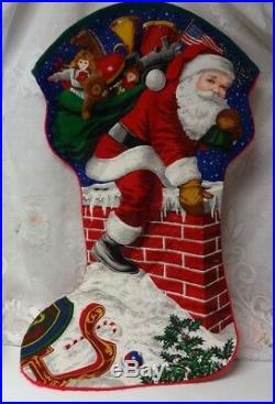 Vtg Santa Chimney Christmas Tree Stocking Toys Candy Bear Gift Bag 30 x 17 RARE