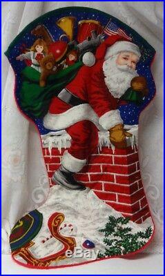 Vtg Santa Chimney Christmas Tree Stocking Toys Candy Bear Gift Bag 30 x 17 RARE
