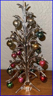 Vtg Shiny Brite Tabletop Christmas Tree Silver Plated & 24 Mini Ornaments RARE