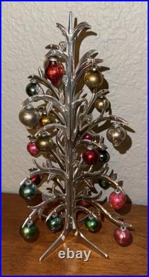 Vtg Shiny Brite Tabletop Christmas Tree Silver Plated & 24 Mini Ornaments RARE