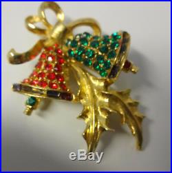 Vtg Signed Pell Christmas Tree Bells Ornament Enamel Rhinestone Pin Brooch RARE