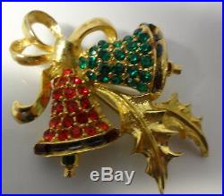 Vtg Signed Pell Christmas Tree Bells Ornament Enamel Rhinestone Pin Brooch RARE