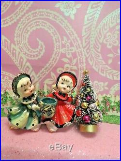 Vtg TMJ Red Green Christmas Dancing Angels Candle Holder TWO ANGELS W TREE