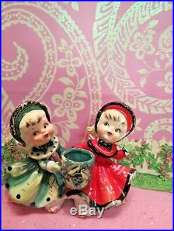 Vtg TMJ Red Green Christmas Dancing Angels Candle Holder TWO ANGELS W TREE