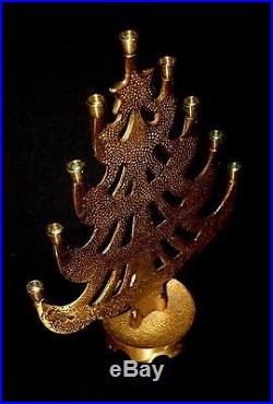 Vtg Terra Sancta Christmas Menorah Tree Enamel Brass Candle Holder Israel 1965