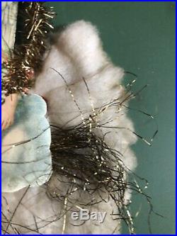 Vtg Victorian Angel Die-Cut Paper Tinsel Christmas Tree Ornament Spun Cotton
