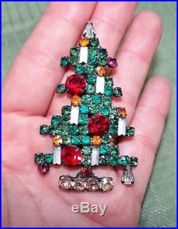 Vtg WEISS 6-Candle Rhinestone Christmas Tree Brooch Pin Excellent