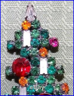 Vtg WEISS 6-Candle Rhinestone Christmas Tree Brooch Pin Excellent