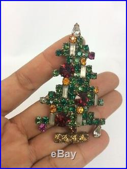 Vtg Weiss Multi Rhinestone Christmas Tree 6 Candles Bronze tone pin brooch