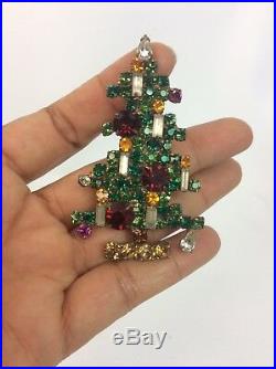 Vtg Weiss Multi Rhinestone Christmas Tree 6 Candles Bronze tone pin brooch