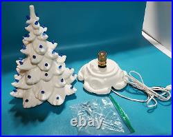 Vtg White Atlantic Mold Scroll Base Ceramic Christmas Tree Blue Lights 18