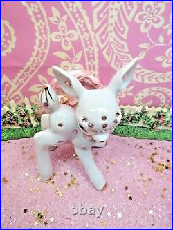 Vtg White Christmas PINK Crystal Rhinestone REINDEER W TWO PINK FROSTED TREES