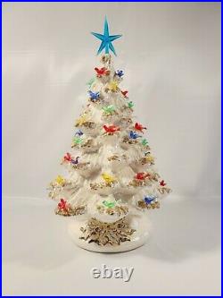 Vtg White Iridescent Ceramic Lighted Christmas Tree Colorful Birds Nowell Mold