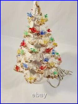 Vtg White Iridescent Ceramic Lighted Christmas Tree Colorful Birds Nowell Mold