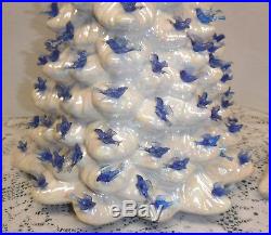 Vtg White Opalescent Large Ceramic Christmas Tree Blue Birds Music Box 20 1/2