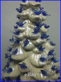 Vtg White Opalescent Large Ceramic Christmas Tree Blue Birds Music Box 20 1/2