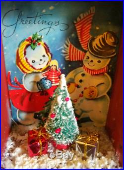 Vtg Xmas Card Shadow Box Diorama Miniatures Ornament Vignette Santa Tree Angel