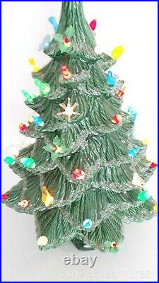 Vtg ceramic Christmas tree 2 pc 19 tall w star mica glitter different lights