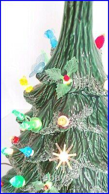 Vtg ceramic Christmas tree 2 pc 19 tall w star mica glitter different lights