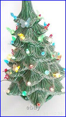 Vtg ceramic Christmas tree 2 pc 19 tall w star mica glitter different lights