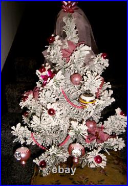 Vtg flocked Bottle brush Xmas Tree 1960 table top + PINK vtg glass ornaments