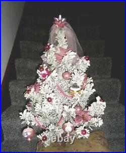 Vtg flocked Bottle brush Xmas Tree 1960 table top + PINK vtg glass ornaments