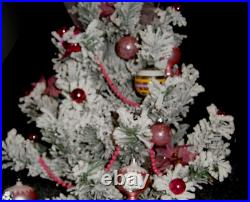 Vtg flocked Bottle brush Xmas Tree 1960 table top + PINK vtg glass ornaments