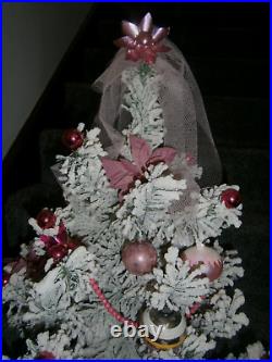 Vtg flocked Bottle brush Xmas Tree 1960 table top + PINK vtg glass ornaments