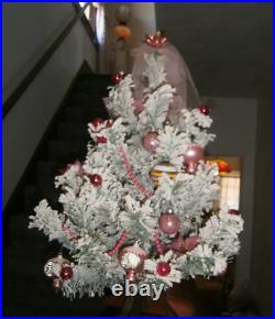 Vtg flocked Bottle brush Xmas Tree 1960 table top + PINK vtg glass ornaments