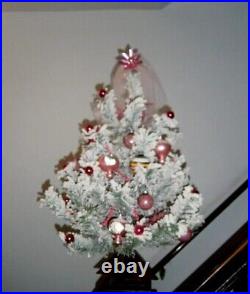 Vtg flocked Bottle brush Xmas Tree 1960 table top + PINK vtg glass ornaments