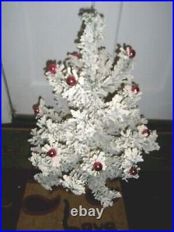 Vtg flocked Bottle brush Xmas Tree 1960 table top + PINK vtg glass ornaments