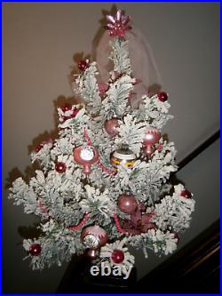 Vtg flocked Bottle brush Xmas Tree 1960 table top + PINK vtg glass ornaments