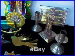 Vtg lot Mexican Folk Art Tin Christmas Tree Ornaments figures vase box decor etc