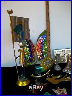 Vtg lot Mexican Folk Art Tin Christmas Tree Ornaments figures vase box decor etc